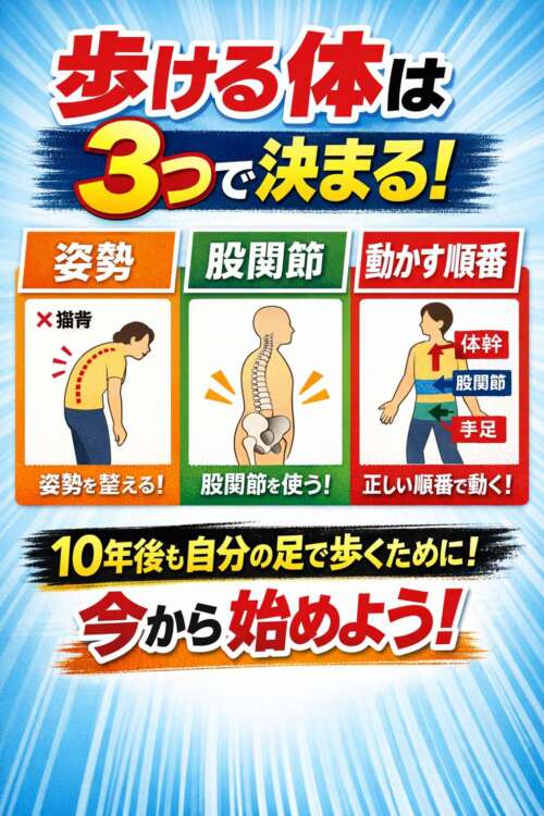 歩ける体は3つで決まると強調した図。姿勢・股関節・動かす順番の3要素をイラストで解説し、正しい体の使い方の重要性を示している。
