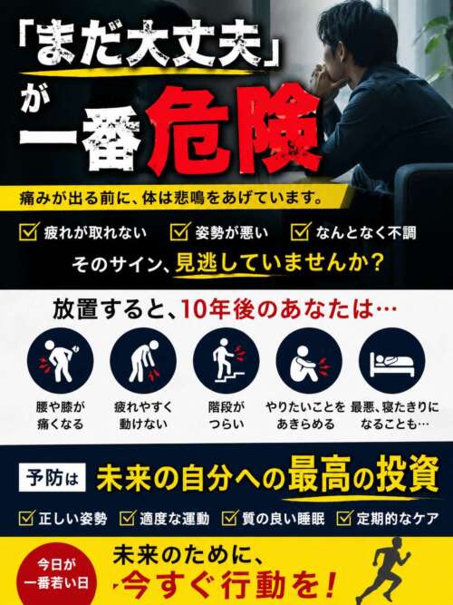 「まだ大丈夫」が一番危険と強調された健康啓発バナー。疲れ・姿勢不良・不調を放置すると、10年後に腰や膝の痛み、階段困難、寝たきりリスクにつながることを示し、予防と今すぐの行動を促している。