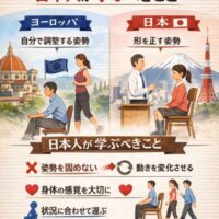 ヨーロッパと日本の姿勢教育の違いを比較した図。ヨーロッパは自分で調整する姿勢、日本は形を正す姿勢。姿勢は固定せず変化させることが重要と示している。