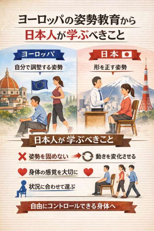 ヨーロッパと日本の姿勢教育の違いを比較した図。ヨーロッパは自分で調整する姿勢、日本は形を正す姿勢。姿勢は固定せず変化させることが重要と示している。