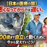 日本の医療の課題を示す画像。病院で治療を受ける人と、元気に歩く高齢者の対比で「悪くなってからでは遅い」「100歳まで自立して動く」の重要性を伝えている。