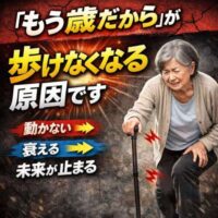 杖をつき膝を押さえてつらそうに歩く高齢女性と「もう歳だからが歩けなくなる原因です」という強いメッセージの画像