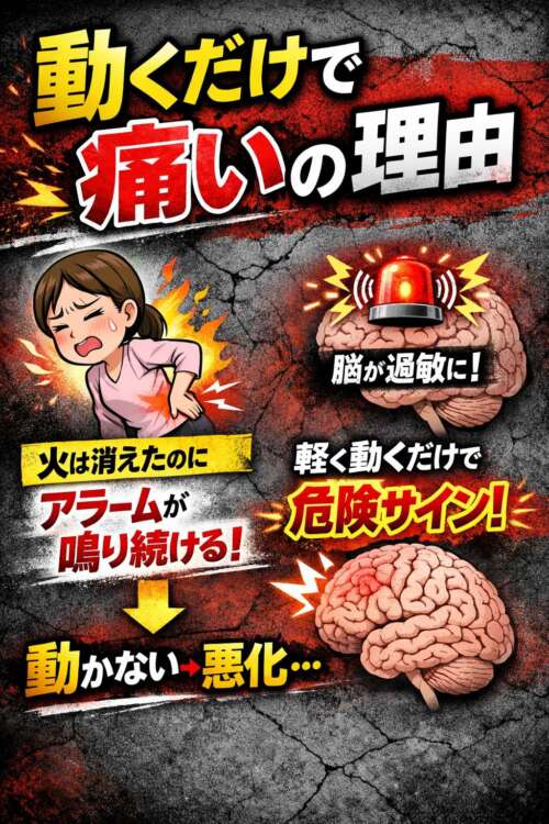 動くだけで痛みが出る理由を解説した図。脳の過敏な反応（アラーム）により、軽い動きでも危険と判断され、痛みが続く状態を表現している。