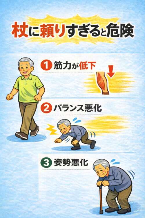 杖に頼りすぎると危険と示し、筋力低下・バランス悪化・姿勢悪化の3つの問題をイラストで説明する高齢者向けの注意ポスター