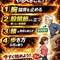 100歳まで自立して動くために、胸・猫背・股関節・腰・歩き方を意識する4つのポイントを示した図