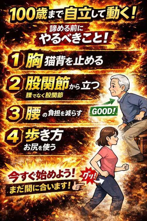 100歳まで自立して動くために、胸・猫背・股関節・腰・歩き方を意識する4つのポイントを示した図