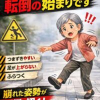 高齢女性がつまずき転びそうになっているイラストと「その姿勢、転倒の始まりです」という警告テキストが入った注意喚起画像