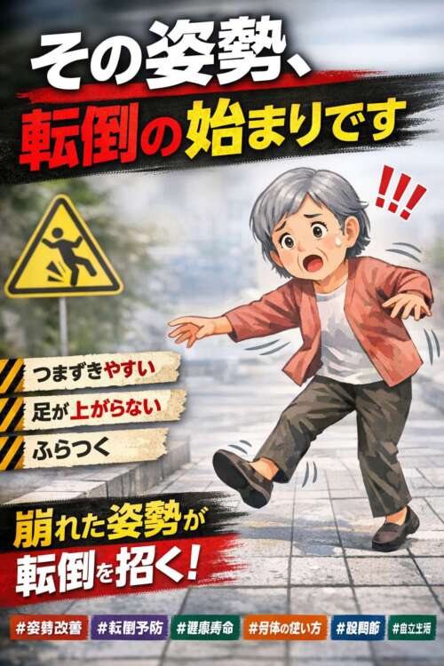 高齢女性がつまずき転びそうになっているイラストと「その姿勢、転倒の始まりです」という警告テキストが入った注意喚起画像