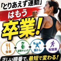 「とりあえず運動は卒業」と書かれたフィットネス画像。食事→姿勢チェック→筋トレ→有酸素の順番を示している。