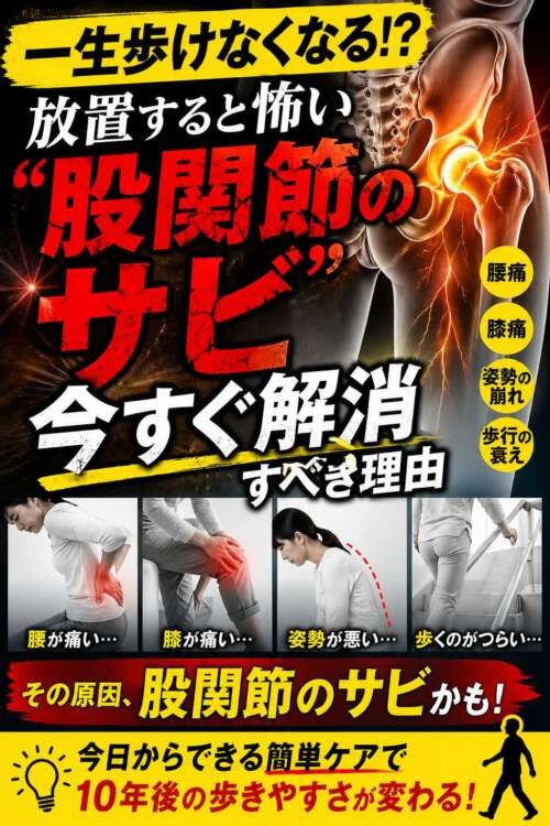 股関節のイラストが強調され、「一生歩けなくなる!?」「股関節のサビ」と大きく表示された健康啓発画像。腰痛・膝痛・姿勢悪化・歩行低下の写真も並び、原因が股関節にあることを示している。
