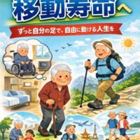 健康寿命より移動寿命を重視し、自分の足で自由に動ける高齢者と、動けなくなった未来を対比したイラスト