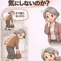 猫背の高齢女性と不安な表情の女性を対比し、猫背を放置する危険性を伝える画像