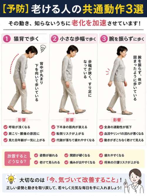 【予防】老ける人の共通動作3選を解説した画像。猫背歩き・小さな歩幅・腕を振らない歩き方が、老化や転倒リスクにつながることを紹介している。