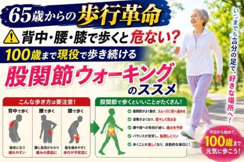 「65歳からの歩行革命」をテーマにした健康啓発画像。元気に歩く高齢女性とともに、「背中・腰・膝で歩くと危ない？」「100歳まで現役で歩き続ける股関節ウォーキングのススメ」という大きな文字を配置。背中・腰・膝に負担がかかる歩き方と、股関節を使う歩行のメリットを比較している。