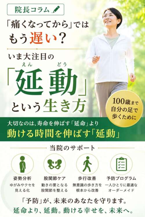 緑を基調にした健康啓発ポスター。笑顔で歩く女性の写真とともに、「痛くなってからではもう遅い？」「延動という生き方」と大きく掲載。100歳まで自分の足で歩くために、姿勢分析・股関節ケア・歩行改善・予防プログラムを紹介している。