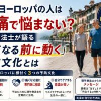 ヨーロッパの街並みを背景に、笑顔で歩く中高年夫婦と「なぜヨーロッパの人は腰痛で悩まない？」「痛くなる前に動く予防文化とは」という大きな見出しが配置された健康啓発画像。