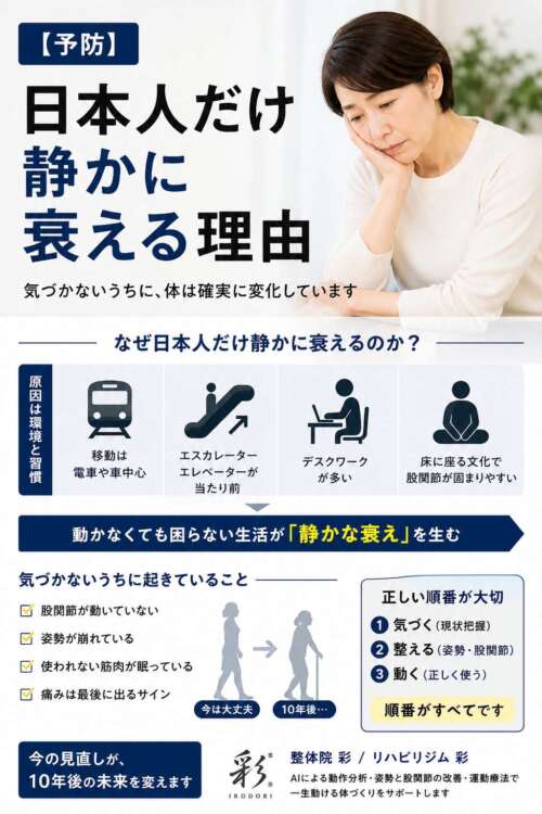 【予防】日本人だけ静かに衰える理由。便利な生活（電車・エスカレーター・デスクワーク・床座り）により、股関節や姿勢の崩れが進み、気づかないうちに身体が衰えることを示したインフォグラフィック