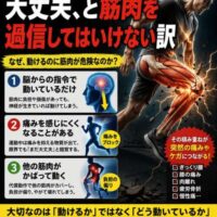 「動けているから筋肉は大丈夫」と過信する危険性を解説した整体院の健康啓発画像。筋肉や神経のイラストとともに、代償動作や痛みの麻痺、将来的なケガリスクについて説明している。