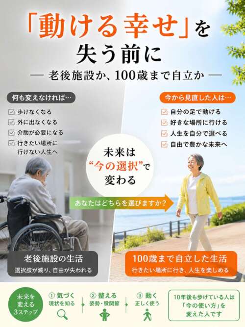老後施設で車椅子の高齢者と、屋外を元気に歩く高齢女性を対比し、「動ける幸せ」をテーマに自立した未来を促すポスター