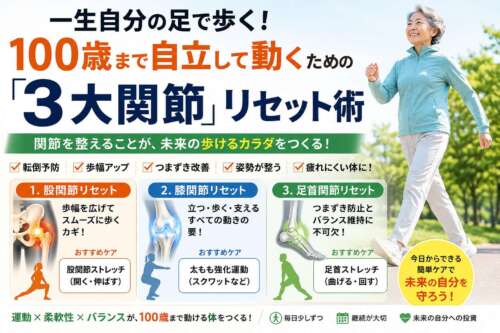 「一生自分の足で歩く！」という大きなタイトルと共に、100歳まで自立して動くための“3大関節リセット術”を紹介する健康啓発画像。股関節・膝関節・足首関節の役割やストレッチ・運動方法を図解し、笑顔で歩く高齢女性が未来の健康を象徴している。