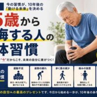 75歳以降に後悔する身体習慣をテーマにした予防啓発画像。膝を抱える高齢男性と「運動不足」「姿勢の崩れ」「歩く量の減少」「痛みの放置」「予防をしない」などの習慣が表示され、健康寿命の重要性を伝えている。