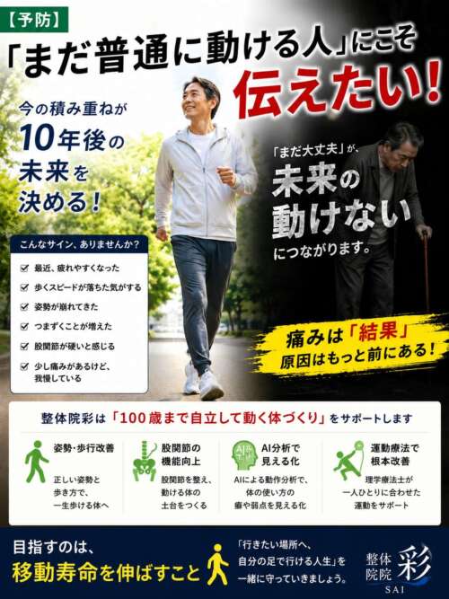 「まだ普通に動ける人」にこそ伝えたいというメッセージとともに、歩く男性と将来歩行困難になった男性を対比した予防啓発ポスター。