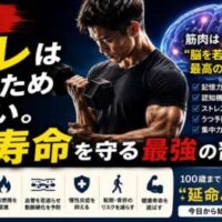 ダンベルを持って筋力トレーニングを行う男性と脳のイラストを配置し、「筋トレは筋肉のためじゃない。脳と寿命を守る最強の習慣だった」というメッセージを伝える健康啓発画像。筋トレによる認知機能向上や健康寿命延伸の効果を紹介している。