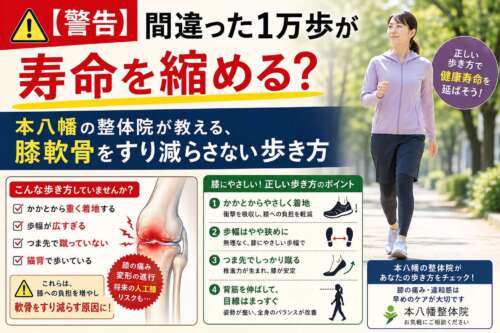 「【警告】間違った1万歩が寿命を縮める？」という大きな見出しの健康啓発画像。歩いている女性と膝関節のイラストを使い、膝軟骨をすり減らす歩き方の注意点と、膝に優しい正しい歩き方のポイントを解説している。