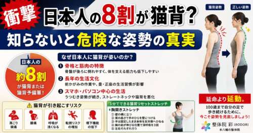 「日本人の8割が猫背？」という見出しとともに、猫背姿勢と正しい姿勢を比較した画像。猫背の原因や健康リスク、改善ストレッチを紹介し、100歳まで自分の足で歩くための姿勢改善の重要性を解説している。