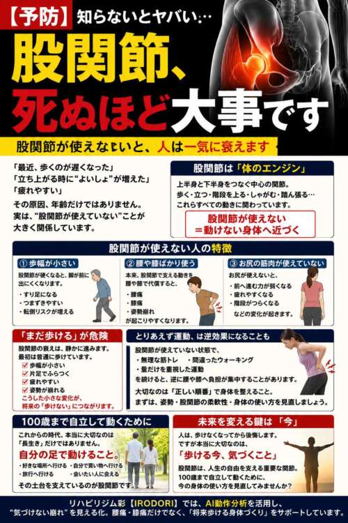 股関節の重要性を解説した予防啓発ポスター。「股関節、死ぬほど大事です」という大きな文字と骨盤イラストを中心に、歩幅低下・腰膝負担・転倒リスクなどを説明している。