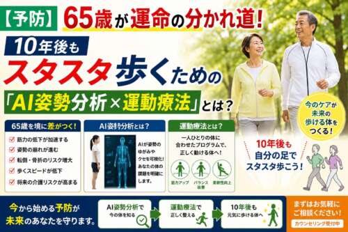 65歳を境に健康寿命の差が生まれることをテーマに、AI姿勢分析と運動療法で10年後も自分の足で歩く未来を訴える健康啓発画像。笑顔で歩くシニア夫婦と姿勢分析イメージを掲載。