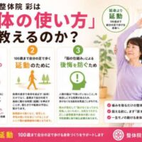 理学療法士が高齢女性に運動指導を行う様子とともに、「なぜ整体院 彩は身体の使い方を教えるのか？」をテーマに、正しい動きの再学習、延動、予防医療の重要性を解説した画像。
