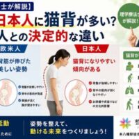 理学療法士が日本人に猫背が多い理由を解説する画像。欧米人と日本人の姿勢を比較し、骨盤の傾きや筋肉量の違い、猫背による肩こり・腰痛・転倒リスクについてわかりやすく紹介している。