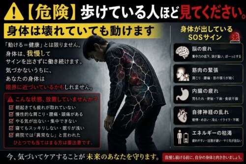 疲れ切った男性が前かがみになり立っているイメージ。身体にはひび割れのような表現が施され、「歩けている人ほど見てください。身体は壊れていても動けます」という警告メッセージと、脳・筋肉・内臓・自律神経の疲労サインが表示された健康啓発画像。