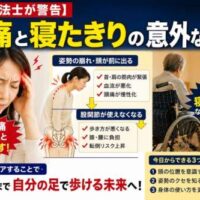 頭痛に悩む女性と「頭痛と寝たきりの意外な関係」という大きな見出し。姿勢の崩れから頭痛、股関節機能低下、歩行能力低下へつながる流れを図解し、100歳まで自分の足で歩く身体づくりの重要性を伝える健康啓発画像。