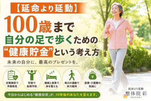 公園を笑顔で歩く高齢女性とともに、「延命より延動」「100歳まで自分の足で歩くための健康貯金」というメッセージを大きく配置した健康啓発ポスター。