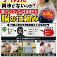 予防に興味を持てない脳の仕組みを解説した図解。転倒・杖・介護が必要になってから後悔する高齢者の事例と、「延命より延動」「100歳まで自分の足で歩く」というメッセージを紹介。