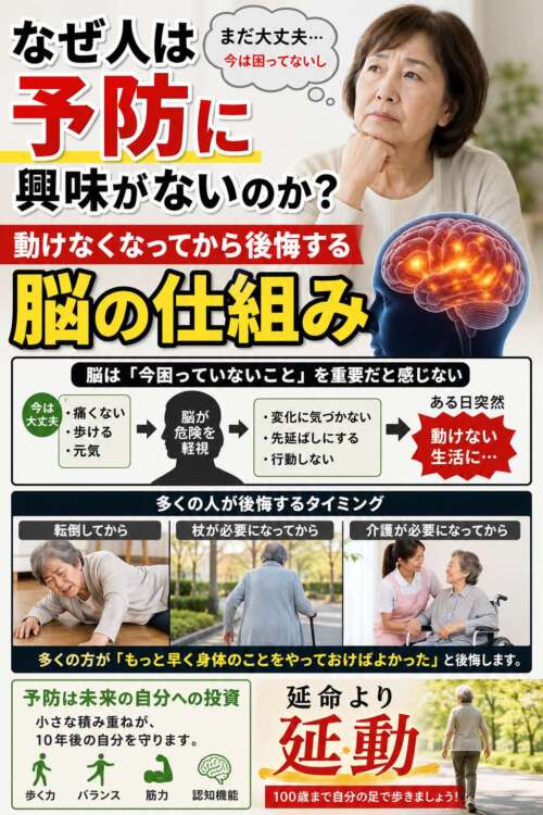 予防に興味を持てない脳の仕組みを解説した図解。転倒・杖・介護が必要になってから後悔する高齢者の事例と、「延命より延動」「100歳まで自分の足で歩く」というメッセージを紹介。