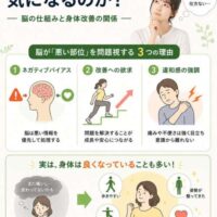理学療法士監修の健康啓発画像。「なぜ人は悪いところばかり気になるのか？」をテーマに、脳のネガティブバイアスや痛みへの意識集中をイラストで解説。身体の不調だけでなく、歩きやすさや姿勢改善など良くなっている変化にも目を向ける大切さを伝えている。