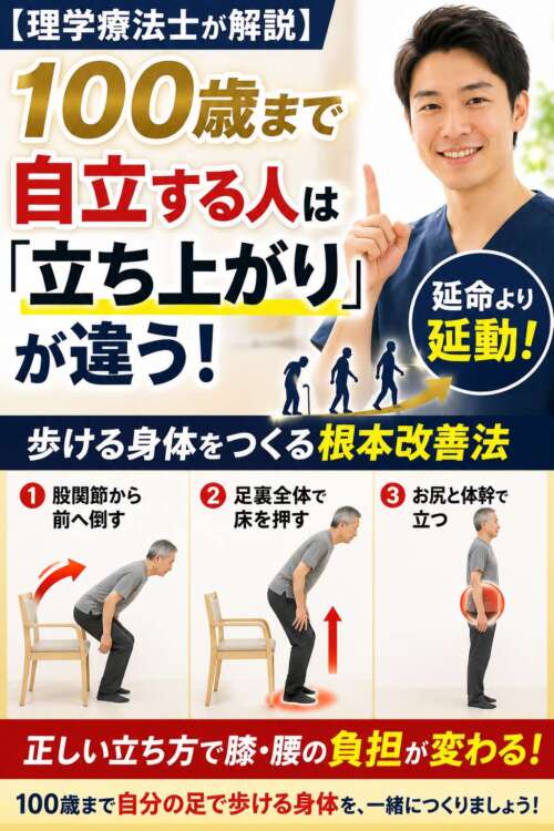 100歳まで自立するための「立ち上がり」の重要性を解説するYouTubeサムネイル。股関節から前へ倒す、足裏全体で床を押す、お尻と体幹で立つという3つのポイントをイラスト付きで紹介し、正しい立ち方が歩ける身体づくりにつながることを伝えている。