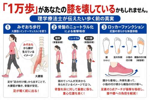 1万歩よりも正しい歩き方が大切であることを伝える図解。みぞおち歩行、大腰筋の活用、骨盤をニュートラルに保つ姿勢、足裏の正しい体重移動(ロッカーファンクション)の3つをイラストでわかりやすく解説している。