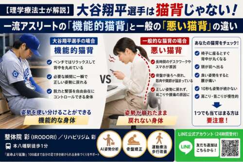 大谷翔平選手の「機能的猫背」と一般的な「悪い猫背」を比較し、姿勢のコントロール力や骨盤・肩甲骨の違い、猫背セルフチェックをわかりやすく解説した整体院 彩の解説画像。