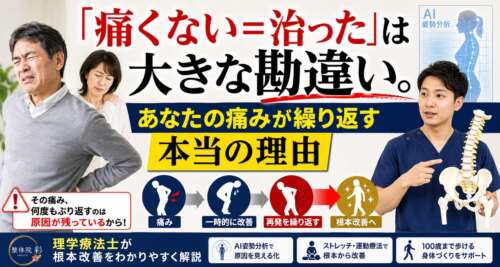 腰や肩の痛みに悩む男女と、骨盤模型を使って説明する理学療法士。「『痛くない＝治った』は大きな勘違い。あなたの痛みが繰り返す本当の理由」というメッセージで、痛みの根本改善の重要性を伝える画像。