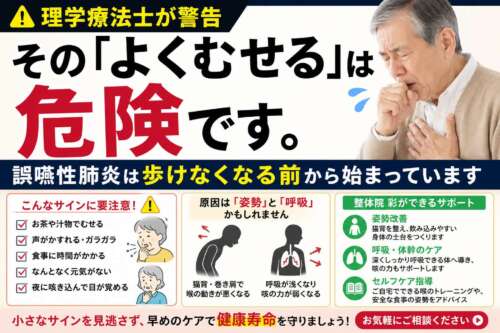 高齢男性が咳き込む写真とともに、「その『よくむせる』は危険です。誤嚥性肺炎は歩けなくなる前から始まっています」という見出しを配置。誤嚥性肺炎の初期サインや、姿勢・呼吸との関係、整体院 彩で行う姿勢改善や呼吸ケアについて紹介しているインフォグラフィック。