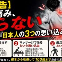 警告マークと肩・腰を押さえる人物の画像を用い、「その痛み、治らない原因は日本人の3つの思い込み」と伝える啓発画像。痛くなってから治す・マッサージで治る・歳だから仕方ないという考えを見直し、根本改善と100歳まで歩ける身体づくりの重要性を紹介。