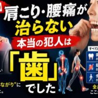 肩こりや腰痛と歯の噛み合わせ、筋肉バランス、歩き方の関係を解説するアイキャッチ画像。「【警告】肩こり・腰痛が治らない本当の犯人は『歯』でした」という大きなタイトルと、全身のつながりを示すイラストが配置されている。