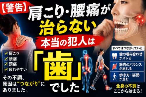 肩こりや腰痛と歯の噛み合わせ、筋肉バランス、歩き方の関係を解説するアイキャッチ画像。「【警告】肩こり・腰痛が治らない本当の犯人は『歯』でした」という大きなタイトルと、全身のつながりを示すイラストが配置されている。