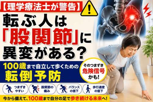 転倒しそうな高齢女性と股関節のイラスト。「転ぶ人は股関節に異変がある?」と注意を促し、100歳まで自立して歩くための転倒予防を紹介する画像。