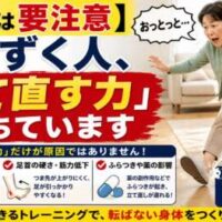 60代は要注意。何もない所でつまずく人は「立て直す力」が低下している可能性を伝える転倒予防のイメージ画像。