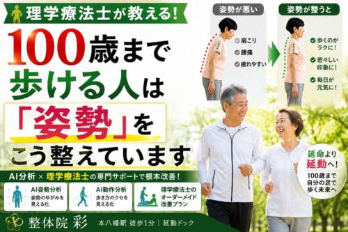 理学療法士監修の姿勢改善を紹介する画像。姿勢の悪い状態と整った状態を比較し、「100歳まで歩ける人は『姿勢』をこう整えています」というメッセージと、AI姿勢分析・AI動作分析、理学療法士によるサポートを紹介している。